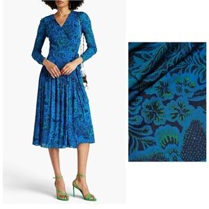 Diane von Furstenberg Floral Printed Tulle Midi Wrap Dress Blue Green L